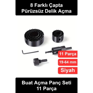 #PançSeti Buat Açma Panç Seti 11 Parça Delik Açıcı Testere Takımı 19-22-29-32-38-44-51-64 mm Ahşap Alçıpan Plastik Sac Kesici Matkap Ucu Adaptörlü Çantalı Profesyonel Tadilat Atölye Mobilya Elektrik
