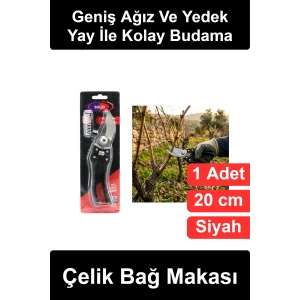 #BağMakası Çelik Bağ Makası Geniş Ağızlı Yedek Yaylı 200 mm Budama Aleti Bahçe Meyve Ağacı Dal Kesme Ergonomik Siyah Saplı Tarım Hobi Bahçecilik Fidan Asma Üzüm Bitki Bakımı Bağcılık Kesici
