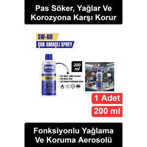 #SW-60 Çok Amaçlı Yağlayıcı Sprey 200 ml Pas Sökücü Çözücü Korozyon Önleyici Temizleyici Bisiklet Zincir Yağı Kilit Cıvata Vida Metal Aksam Bakım Endüstriyel Profesyonel Atölye Mekanizma Otomotiv