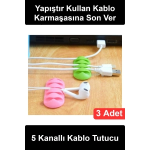#KabloTutucu Kablo Tutucu 5 Kanallı 3 Adet Yapışkanlı Masaüstü Düzenleyici Şarj USB Kulaklık Organizer Ev Ofis Gereci Masa Aksesuarı Pratik Klips Bilgisayar Laptop Sabitleyici Karışık Renkli Set