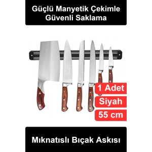 #BıçakAskısı Mıknatıslı Bıçak Askısı 55 cm Manyetik Tutucu Bant Çubuğu Duvara Monte Vidalı Mutfak Düzenleyici Metal Gereç Askılığı Siyah Şık Dekoratif Güçlü Çekim Pratik Organizer Saklama Aparatı