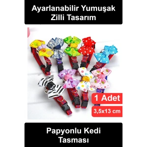 #PapyonluKediTasması Zilli Ayarlanabilir Yumuşak Dokulu Desenli Renkli Fiyonklu Boyun Tasma Şık Konforlu Evcil Hayvan Aksesuarı Yavru Kedi Boyunluğu Tokalı Sevimli Hafif Asorti Model
