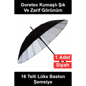 #BastonŞemsiye 16 Telli Lüks Baston Şemsiye Deri Saplı Goretex Kumaş Dayanıklı Şık Zarif Siyah Gümüş İç Yüzeyli Klasik Uzun Yağmur Aksesuarı Hediyelik Günlük Kullanım İş Seyahati Özel Davetler İçin