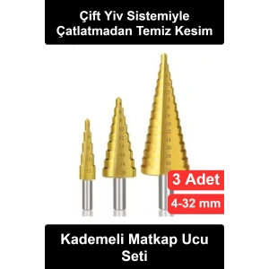 #KademeliMatkapUcu 3lü Kademeli Matkap Ucu Seti HSS Yüksek Hız Çeliği Kalay Kaplamalı Sac Delme Panç Çift Yivli 4-32 mm Basamaklı Konik Delik Açma Uç Takımı Atölye Tamirat Metal Delgi Aparatı