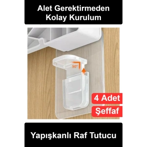#RafTutucu Şeffaf Yapışkanlı Raf Tutucu Aparatı 4 Adet Dolap İçi Bölme Klipsi Delmeden Montaj Kitaplık Mutfak Ayakkabılık Gardırop Destek Parçası Vidasız Çivisiz Kolay Kurulum Pratik Organizer Seti