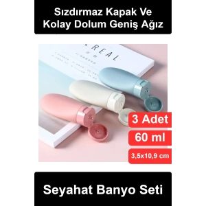 #SeyahatŞişesi 3lü Seyahat Banyo Seti 60 ml Boş Şişe Sızdırmaz Kapaklı Şampuan Losyon Krem Doldurulabilir Sıkmalı Tüp Uçak Kabin Bagajı Uyumlu Kozmetik Taşıma Kabı Tatil Valiz Çanta Organizer