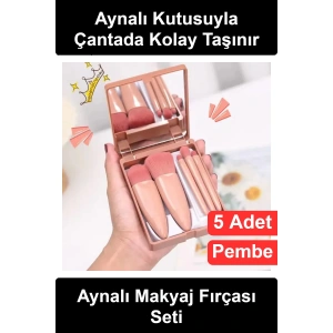#MakyajFırçası 5 Parça Aynalı Makyaj Fırçası Seti Taşınabilir Kutulu Mini Fondöten Pudra Far Dudak Kontür Aydınlatıcı Yumuşak Fiber Kıllı Seyahat Tipi Kozmetik Takım Hediyelik Kadın Pembe