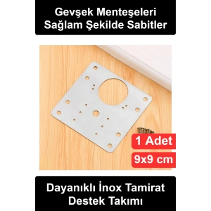 Paslanmaz Çelik Menteşe Onarım Plakası 9x9 cm Mutfak Dolap Kapak Tamir Aparatı Gardırop Banyo Ofis Mobilya Panel Güçlendirme Sacı Vidalı Set Ahşap Kapı Sabitleme Bağlantı Levhası Kolay Montaj
