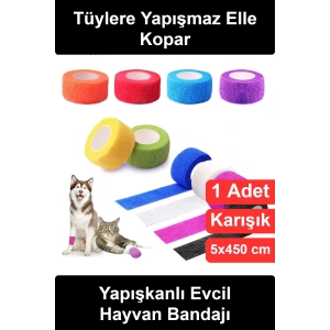 #EvcilHayvanBandajı Kendinden Yapışkanlı İlk Yardım Esnek Sargı Kedi Köpek Yara Koruyucu Tüylere Yapışmayan Nefes Alabilen Elle Yırtılabilir Suya Dayanıklı Karışık Renkli Veteriner Rulo 5 cm x 4,5 m