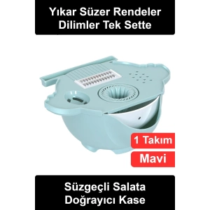 #SalataAparatı Çok Fonksiyonlu Süzgeçli Sebze Doğrayıcı Rende Seti Dilimleyici Kase Meyve Yıkama Süzme Sepeti Soyacak Narenciye Sıkacağı Mutfak Hazırlama Gıda Tutucu Değiştirilebilir Bıçaklı Mavi