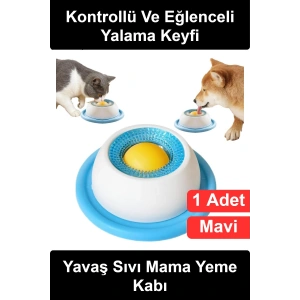 #MamaKabı Küçük Boy Yavaş Yeme Dönen Toplu Sıvı Ödül Maması Kedi Köpek Uyumlu Yalama Aparatı Kaymaz Tabanlı Dil Temizleyici Dokulu Püre Çorba Evcil Hayvan Beslenme Hijyenik Yıkanabilir Mavi Kapaklı