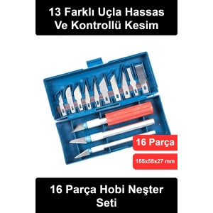 #NeşterSeti 16 Parça Hobi Neşter Seti 13 Maket Bıçağı Uçlu Gravür Kalemi Hassas Kağıt Kesme Aleti El Sanatları Kazıma Oyma Bıçak Takımı Metal Saplı Yedek Uç Saklama Kutulu Kretuar Kesici Kırtasiye