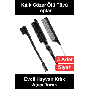 #KıtıkAçıcıTarak Evcil Hayvan Kıtık Açıcı Tarak Seti Kedi Köpek Tüy Bakım Fırçası 3lü Ölü Toplayıcı Düğüm Çözücü Metal Uçlu Ayırıcı Siyah Ergonomik Saplı Profesyonel Tarama Aparatı Günlük Kiti