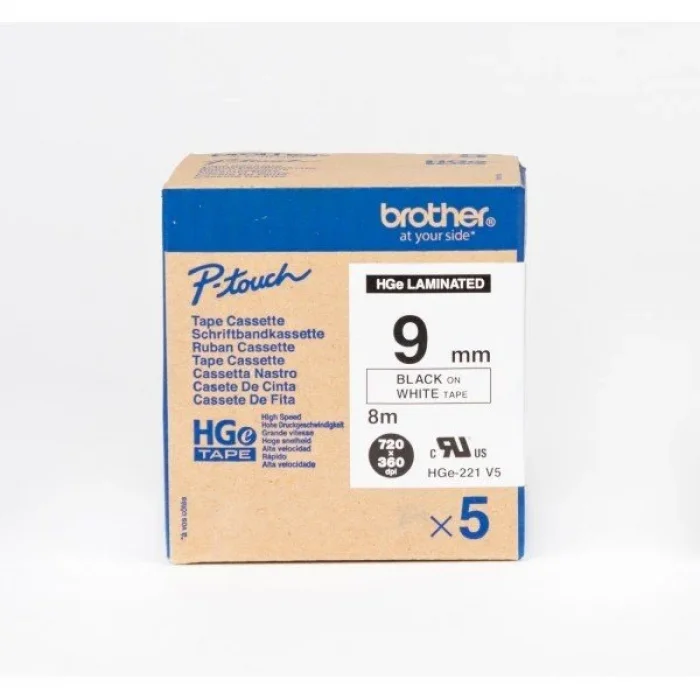 Brother P-Touch Hge-221V5 Tze-Tape 9MM Beyaz Üzerine Siyah Yüksek Çözünürlüklü Laminasyonlu Etiket 5Lİ Paket