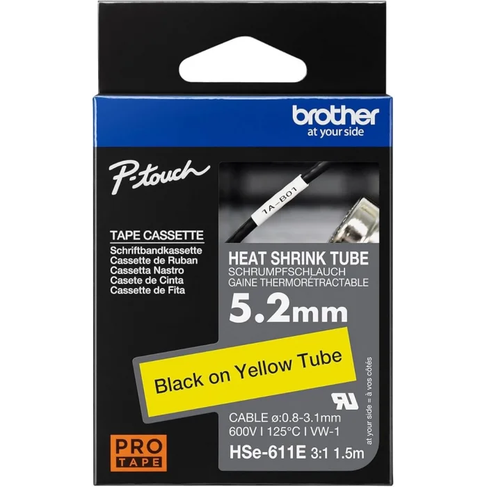 Brother P-Touch Hse-611E - Isi İle Daralan Makaron Sari Üzeri̇ne Si̇yah 5.2 Mm