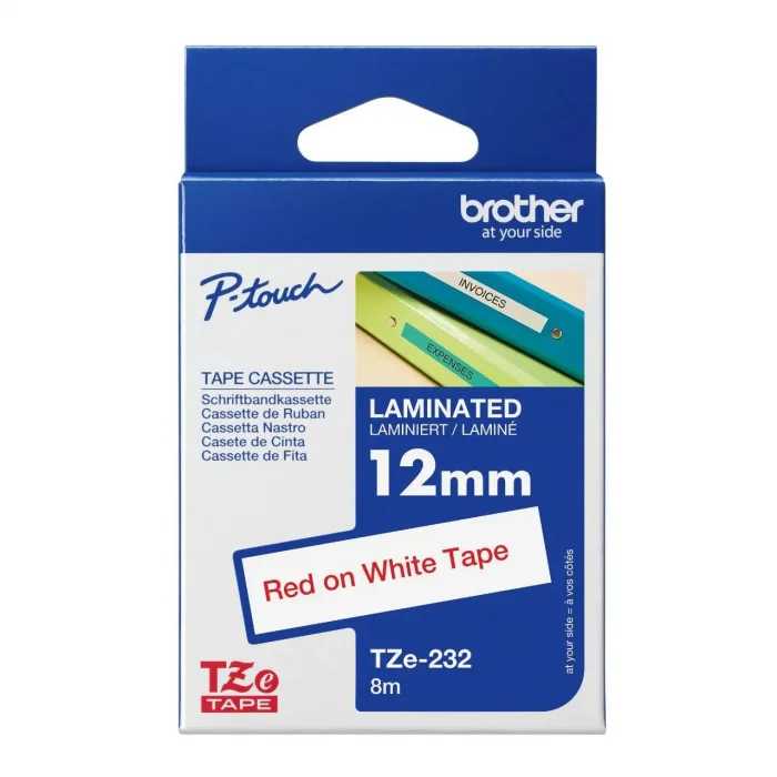Brother P-Touch Tze-232 Tze-Tape 12Mm Beyaz Üzeri̇ne Kirmizi Lami̇nasyonlu Eti̇ket