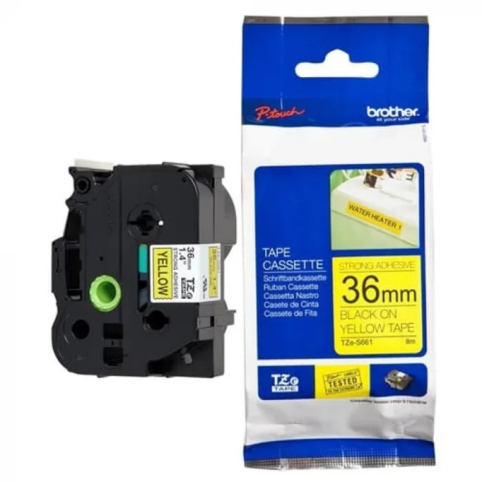 Brother P-Touch Tze-S661 Tze-Tape 36MM Sarı Üzerinde Siyah Güçlü Yapışkanlı Laminasyonlu Etiket
