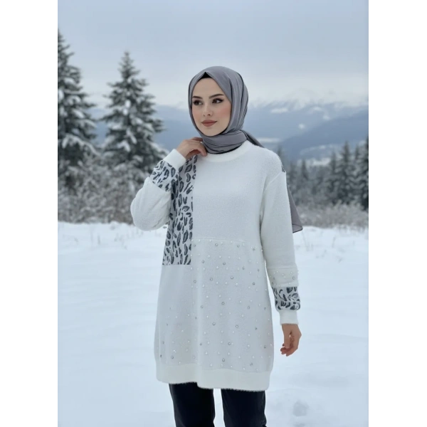 SOLİS İncili Taşlı Leopar Angora Tunik