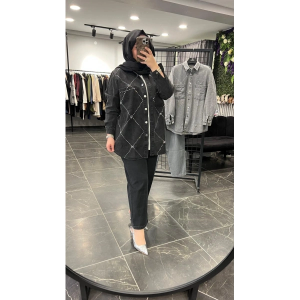 ZİRKON Baklava Taşlı Kot Ceket Takım