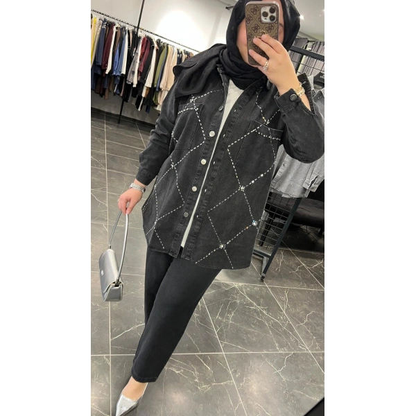 ZİRKON Baklava Taşlı Kot Ceket Takım
