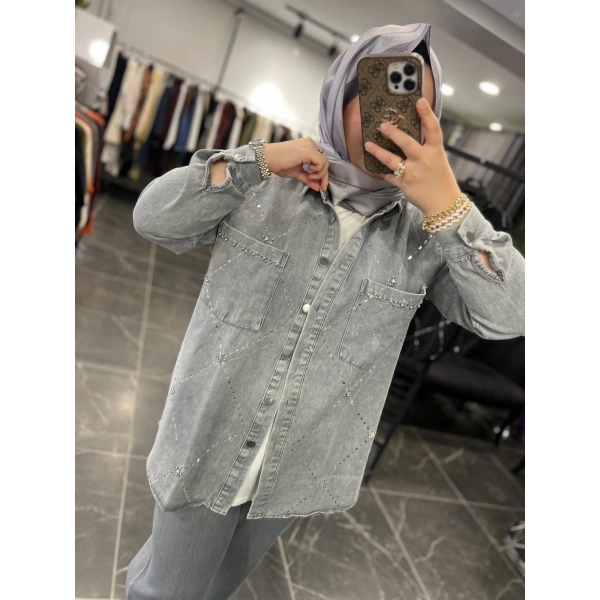 ZİRKON Baklava Taşlı Kot Ceket Takım