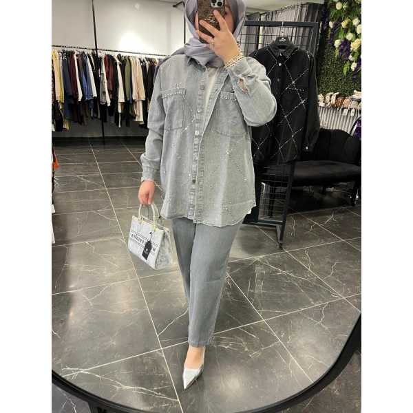 ZİRKON Baklava Taşlı Kot Ceket Takım