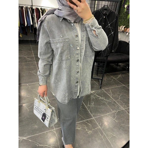 ZİRKON Baklava Taşlı Kot Ceket Takım