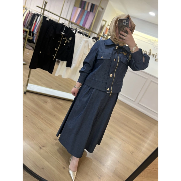 Pureva Nakışlı Gabardin Etek Takım