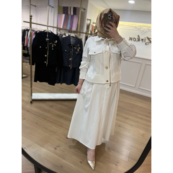 Pureva Nakışlı Gabardin Etek Takım