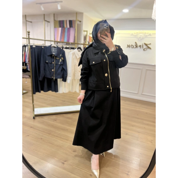 Pureva Nakışlı Gabardin Etek Takım