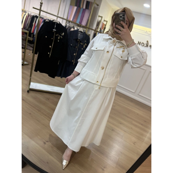 Pureva Nakışlı Gabardin Etek Takım