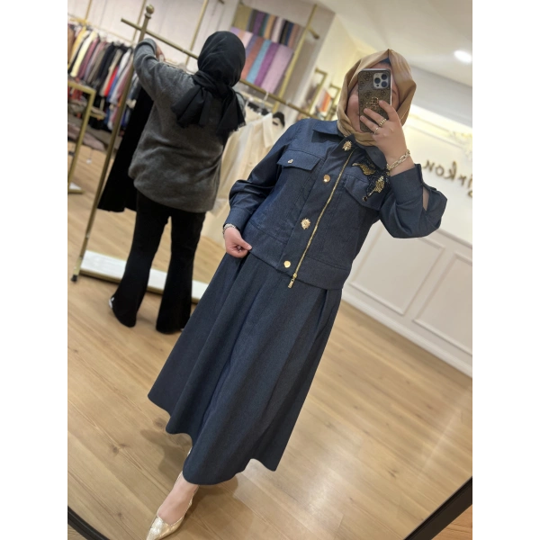 Pureva Nakışlı Gabardin Etek Takım