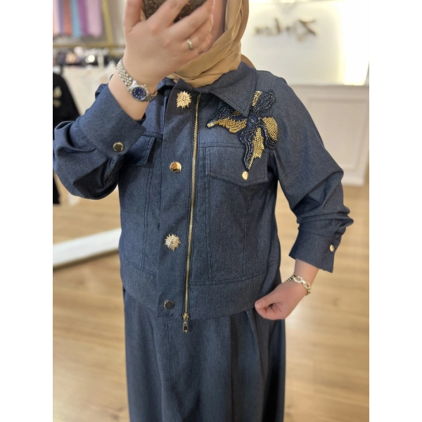 Pureva Nakışlı Gabardin Etek Takım