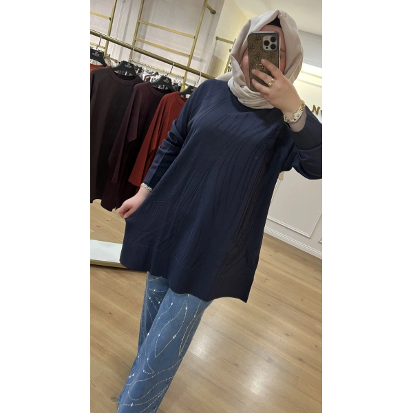 ADN Dalga ve Çiçek Desenli Merserize Tunik (BÜYÜK BEDEN)