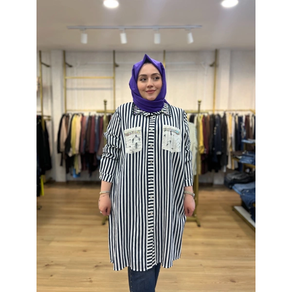 MEVA PLUS BY PUREVA Çizgili Taşlı Gömlek