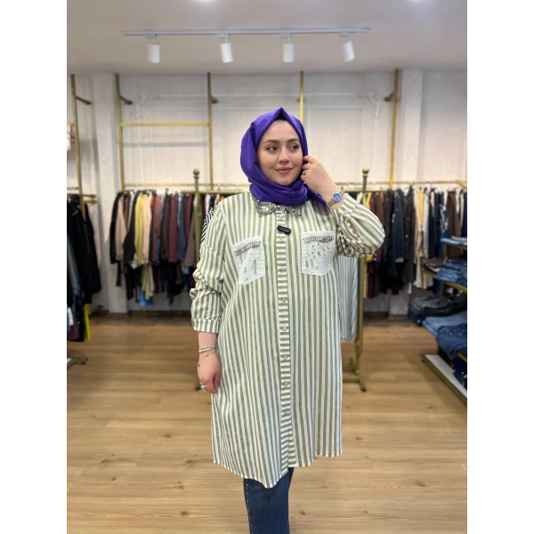 MEVA PLUS BY PUREVA Çizgili Taşlı Gömlek