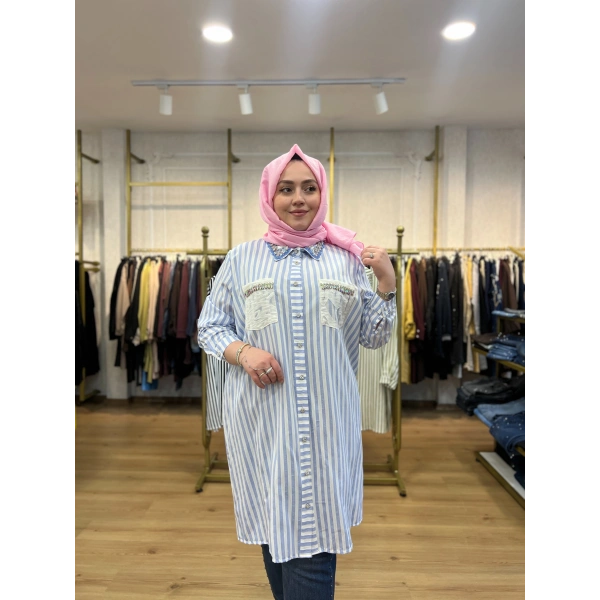 MEVA PLUS BY PUREVA Çizgili Taşlı Gömlek