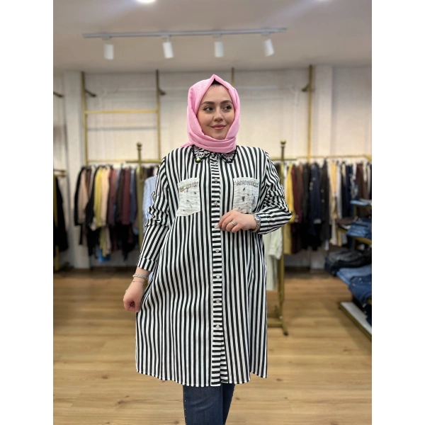 MEVA PLUS BY PUREVA Çizgili Taşlı Gömlek