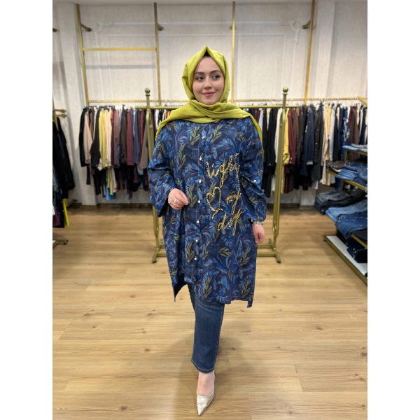 İTHAL BÜYÜK BEDEN Gold Zımba ve Yazılı Pamuk Gömlek