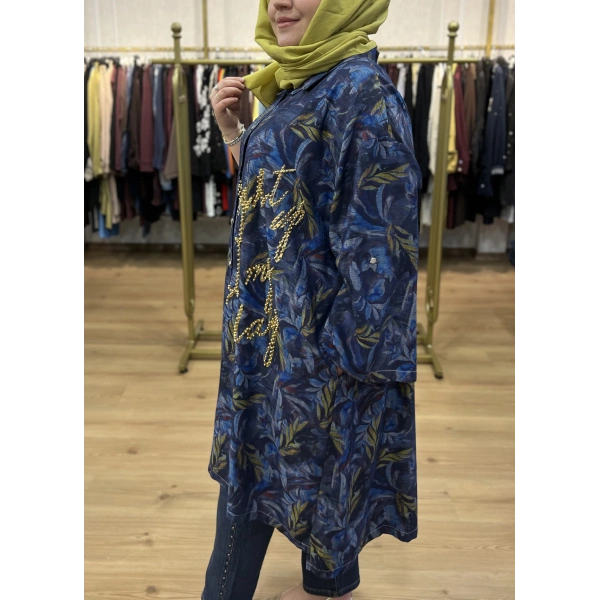 İTHAL BÜYÜK BEDEN Gold Zımba ve Yazılı Pamuk Gömlek