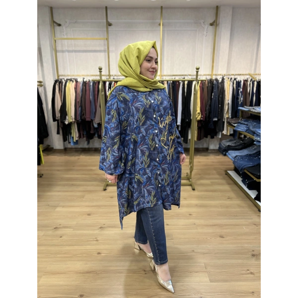 İTHAL BÜYÜK BEDEN Gold Zımba ve Yazılı Pamuk Gömlek