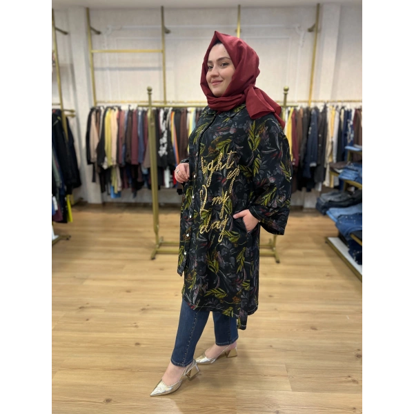 İTHAL BÜYÜK BEDEN Gold Zımba ve Yazılı Pamuk Gömlek