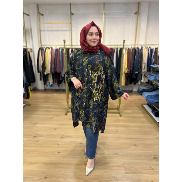 İTHAL BÜYÜK BEDEN Gold Zımba ve Yazılı Pamuk Gömlek