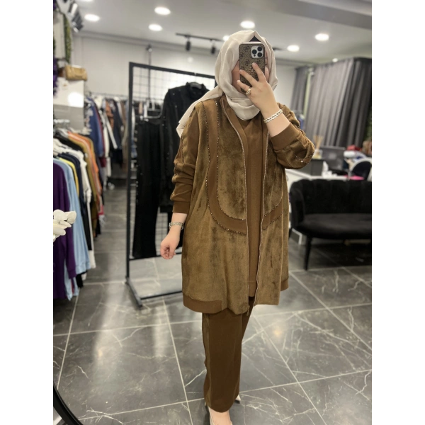 MEVA BY PUREVA Boncuk İşlemeli Yelekli Üçlü Takım