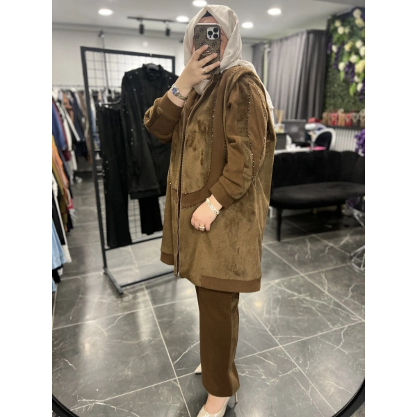 MEVA BY PUREVA Boncuk İşlemeli Yelekli Üçlü Takım