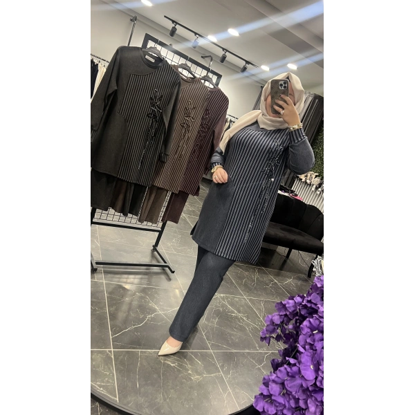 MEVA By Pureva Çizgili İşlemeli BÜYÜK BEDEN Takım