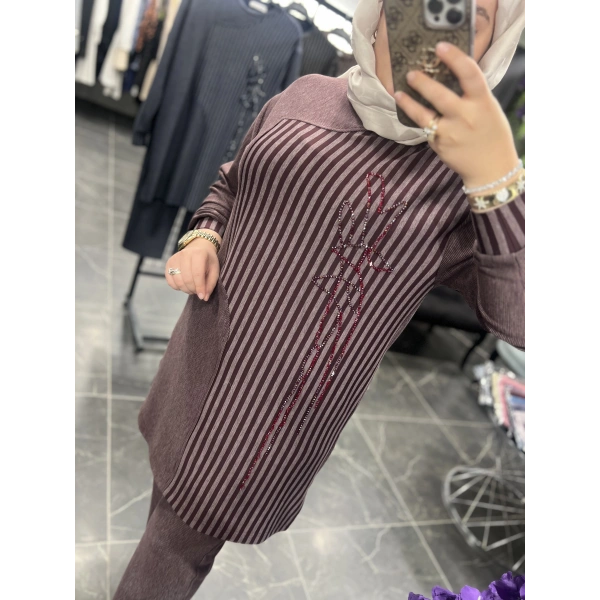 MEVA By Pureva Çizgili İşlemeli BÜYÜK BEDEN Takım