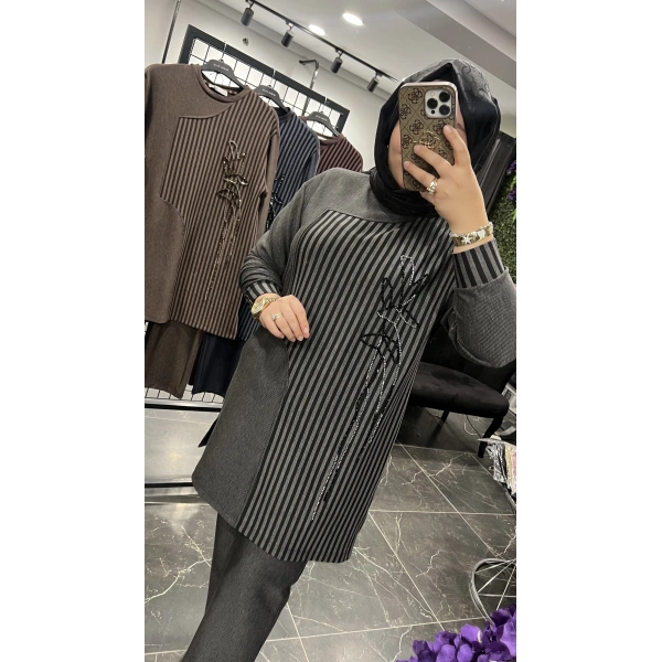 MEVA By Pureva Çizgili İşlemeli BÜYÜK BEDEN Takım