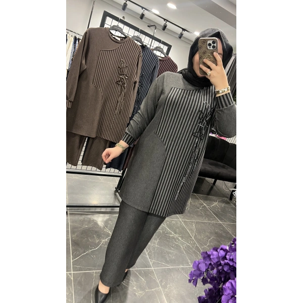 MEVA By Pureva Çizgili İşlemeli BÜYÜK BEDEN Takım