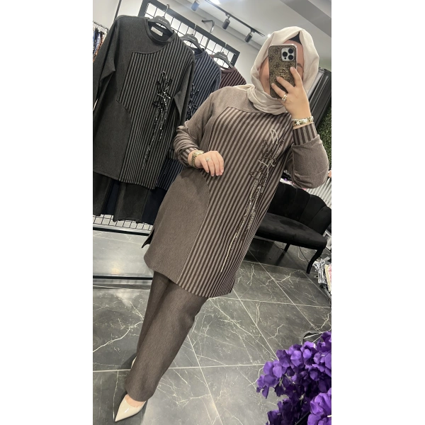 MEVA By Pureva Çizgili İşlemeli BÜYÜK BEDEN Takım